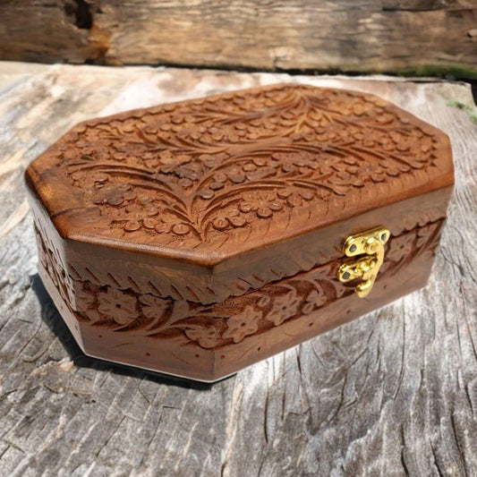 Sheesham Carved Hexa Keepsake Box