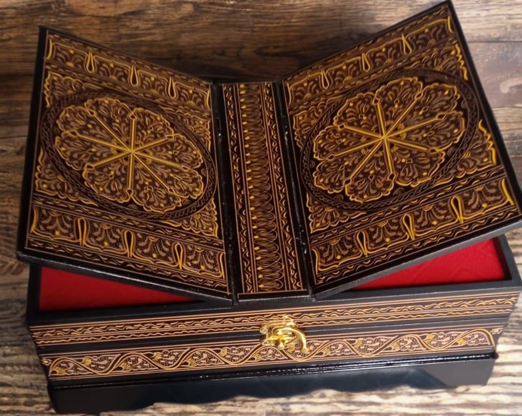 Handcrafted Wooden Quran Box with Islamic Carving & Velvet Interior