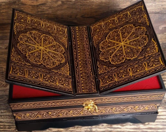 Handcrafted Wooden Quran Box with Islamic Carving & Velvet Interior