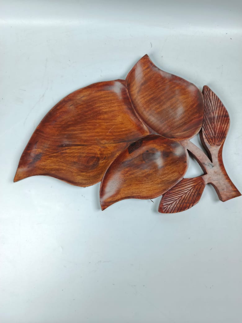 Handcrafted Wooden Dry Fruits Leaf Tray – 5-Section Elegant Serving Platter