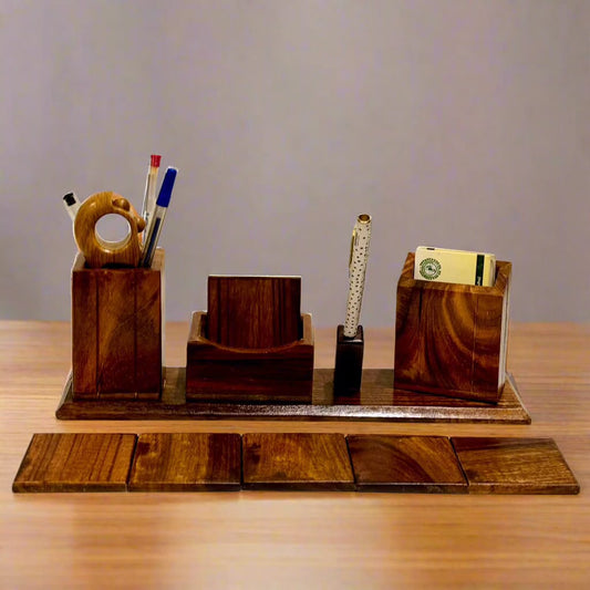 Office Desk Organizer with 6 Wooden Tea Coasters
