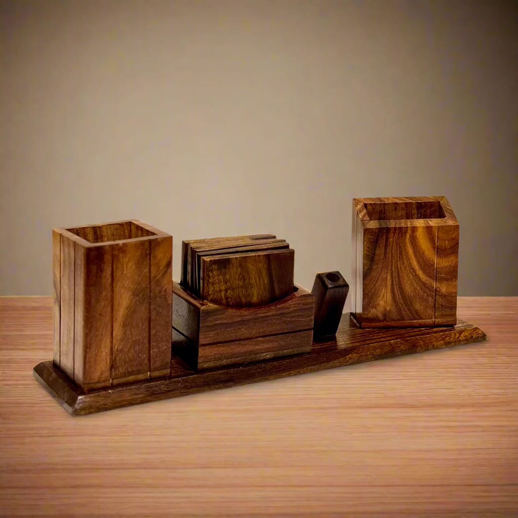 Office Desk Organizer with 6 Wooden Tea Coasters
