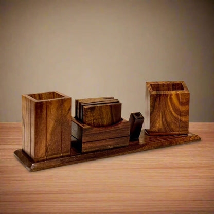 Office Desk Organizer with 6 Wooden Tea Coasters