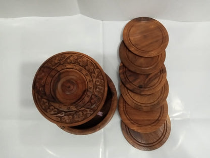 Wooden Tea Coaster Set with Floral Carving