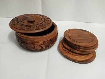 Wooden Tea Coaster Set with Floral Carving