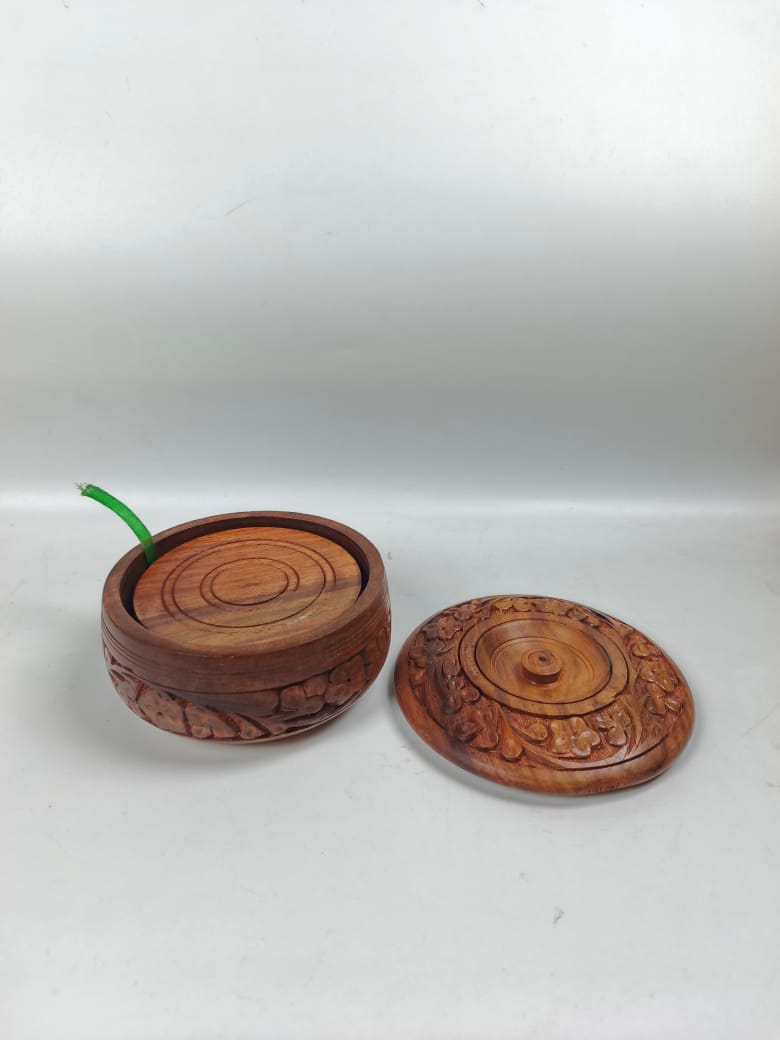 Wooden Tea Coaster Set with Floral Carving
