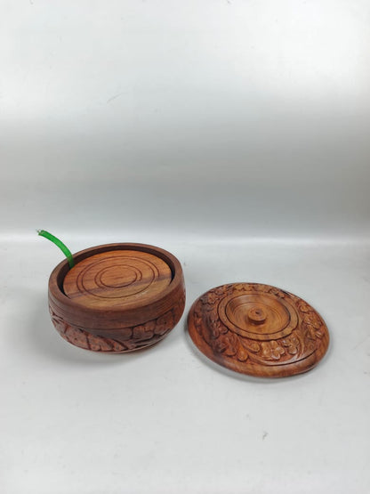 Wooden Tea Coaster Set with Floral Carving