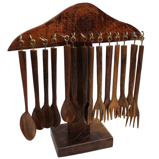 Rosewood Handcarved Decorative Spoon Set with Stand