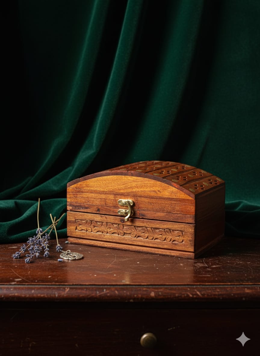 Antique-Style Wooden Jewelry Box – Red Velvet Lining & Intricate Carvings