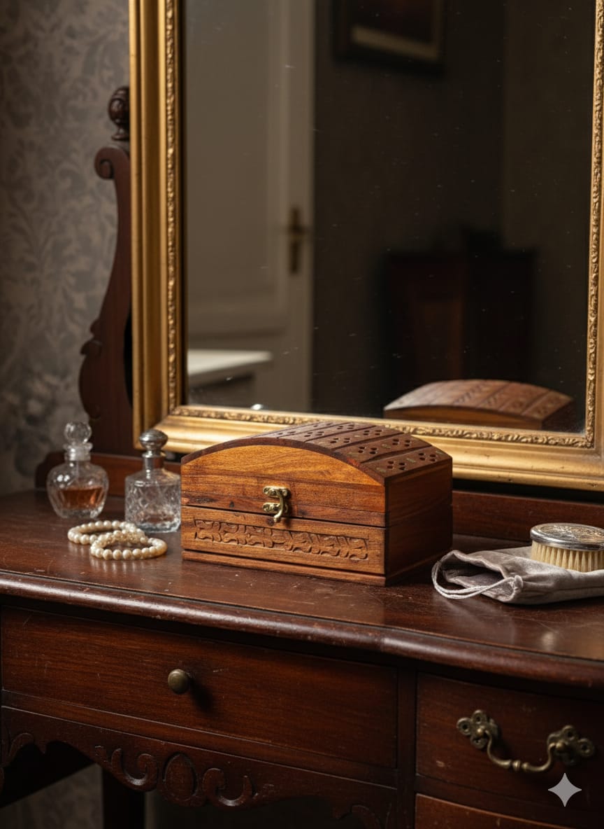 Antique-Style Wooden Jewelry Box – Red Velvet Lining & Intricate Carvings