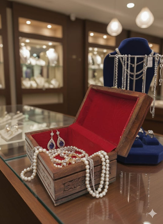 Antique-Style Wooden Jewelry Box – Red Velvet Lining & Intricate Carvings