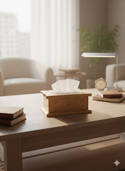 Modern Wooden Tissue Box with Carved Circle Design – Home Décor Organizer