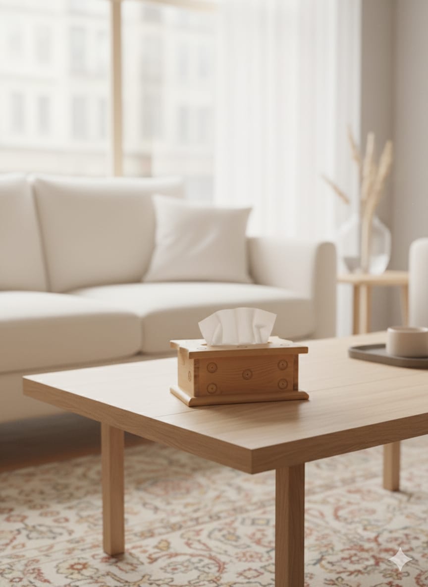 Modern Wooden Tissue Box with Carved Circle Design – Home Décor Organizer