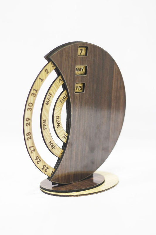 Wooden Perpetual Calendar with Rotating Gold Rings – Minimalist Desk Calendar