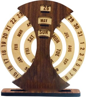 Wooden Perpetual Calendar with Rotating Gold Rings – Minimalist Desk Calendar